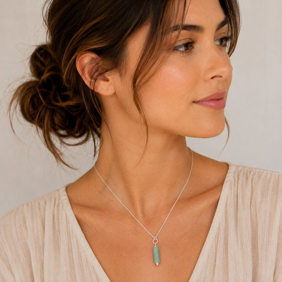 Bijou by SAM Ava necklace featuring a green aventurine cylinder pendant on a delicate sterling silver chain