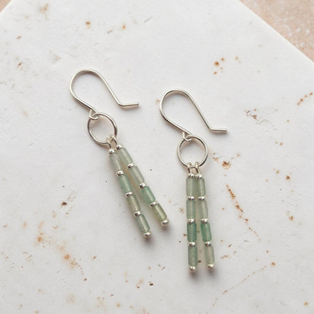 Bijou by SAM Mossy Creek earrings featuring green aventurine tube beads on handmade sterling silver hoops.