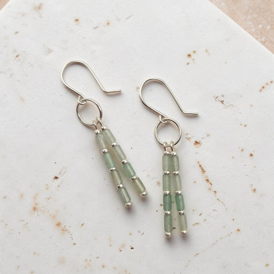 Bijou by SAM Mossy Creek earrings featuring green aventurine tube beads on handmade sterling silver hoops.