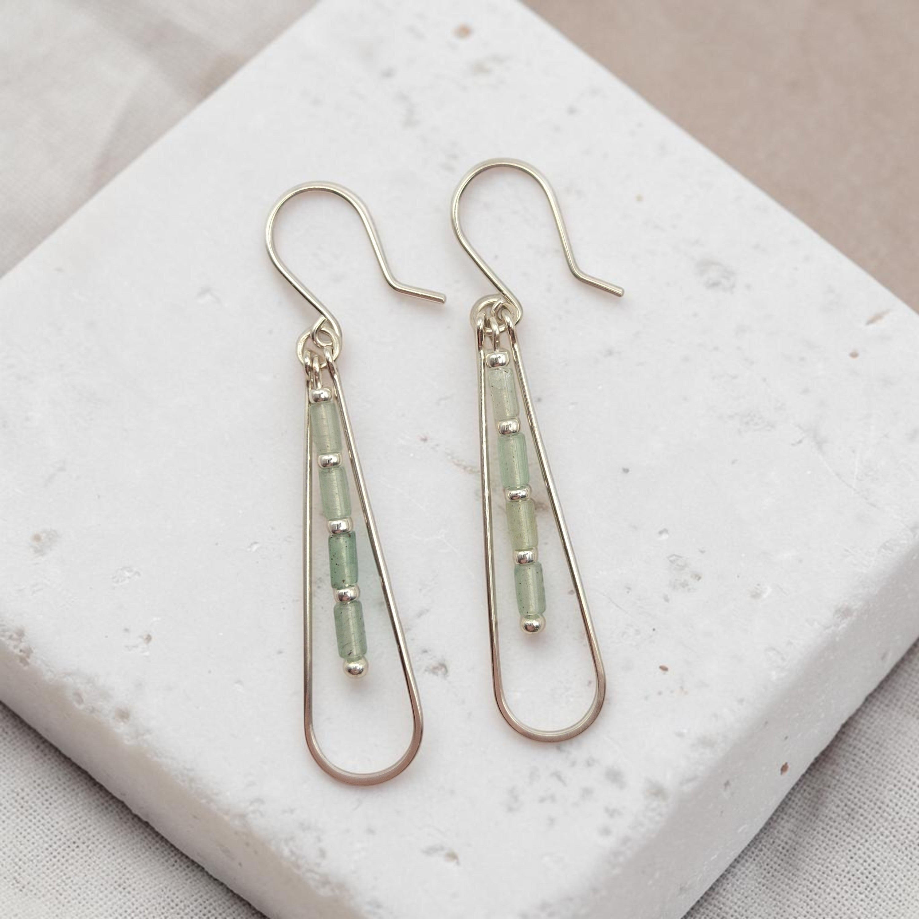 Bijou by SAM Mossy Creek teardrop earrings featuring green aventurine tube beads in sterling silver hoops.