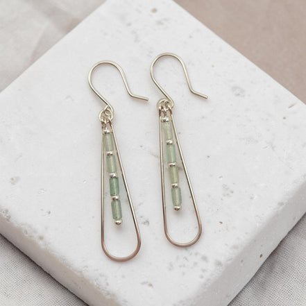 Bijou by SAM Mossy Creek teardrop earrings featuring green aventurine tube beads in sterling silver hoops.