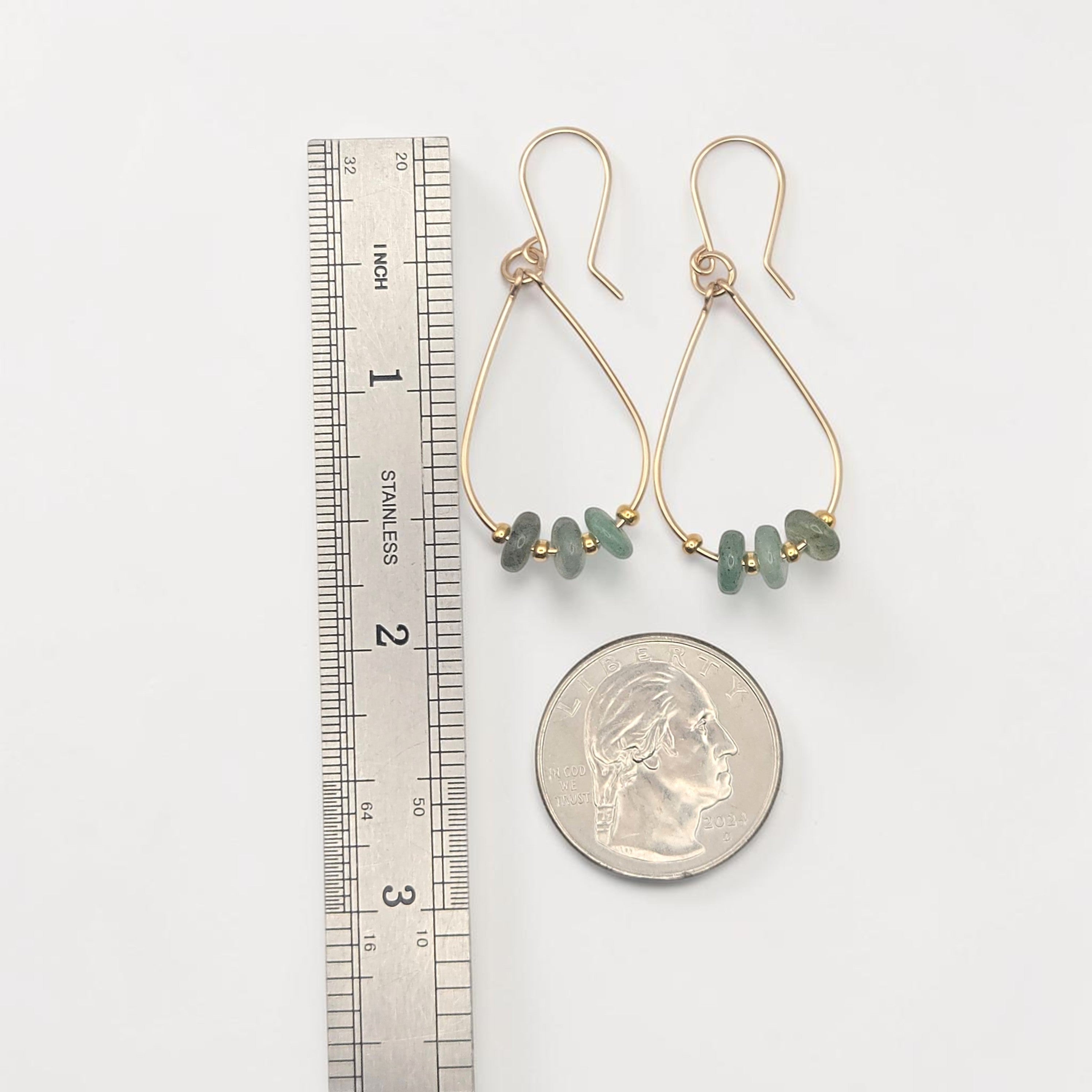Bijou by SAM Comet Teardrop Hoop Earrings featuring green aventurine stones on 14k gold fill wire with scale reference