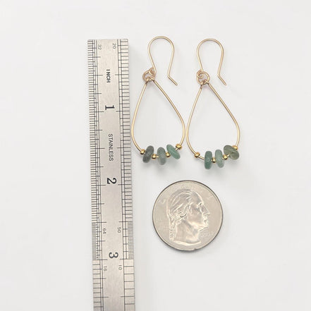 Bijou by SAM Comet Teardrop Hoop Earrings featuring green aventurine stones on 14k gold fill wire with scale reference