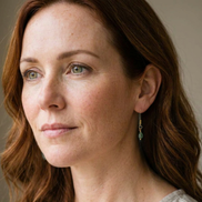 Bijou by SAM teardrop green aventurine threader earrings worn by a woman with auburn hair and green eyes.