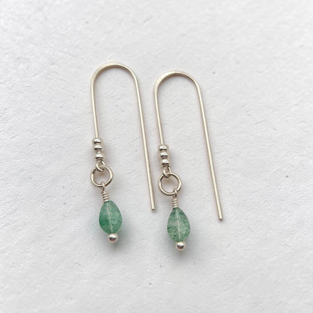 Bijou by SAM teardrop green aventurine threader earrings with sterling silver wire on a white background.