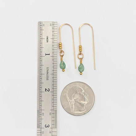 Bijou by SAM teardrop green aventurine threader earrings in 14k gold fill shown with a ruler and quarter for scale.
