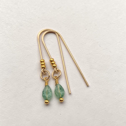 Bijou by SAM handcrafted gold fill threader earrings featuring delicate green aventurine teardrop gemstones.