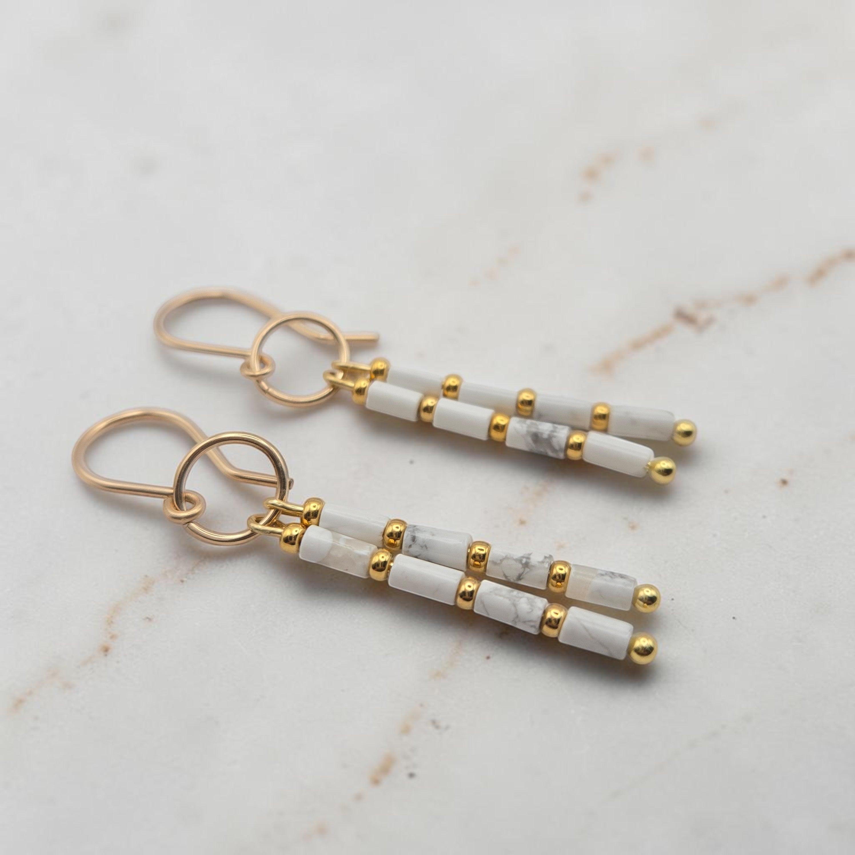Bijou by SAM First Snow dangle earrings with white Howlite tube beads and 14k gold fill handmade hoops