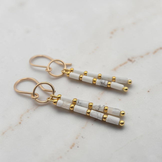 Bijou by SAM First Snow dangle earrings with white Howlite tube beads and 14k gold fill handmade hoops