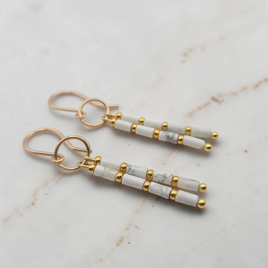 Bijou by SAM First Snow dangle earrings with white Howlite tube beads and 14k gold fill handmade hoops