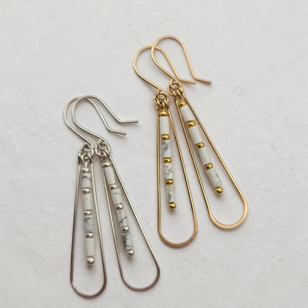 Bijou by SAM First Snow teardrop hoop earrings with white Howlite beads in gold fill and sterling silver.