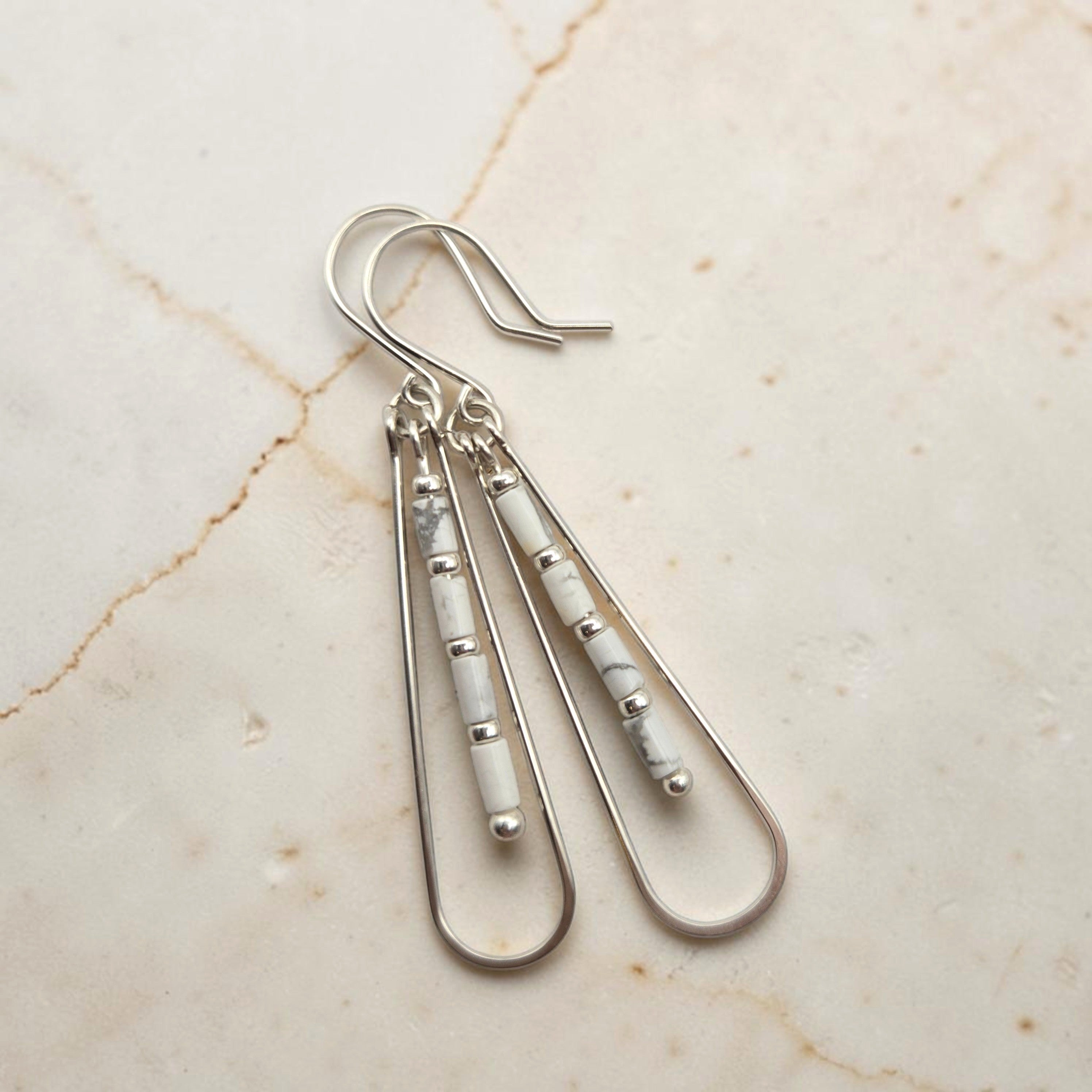 Bijou by SAM First Snow teardrop hoop earrings featuring white Howlite tube beads in Argentium Sterling Silver.