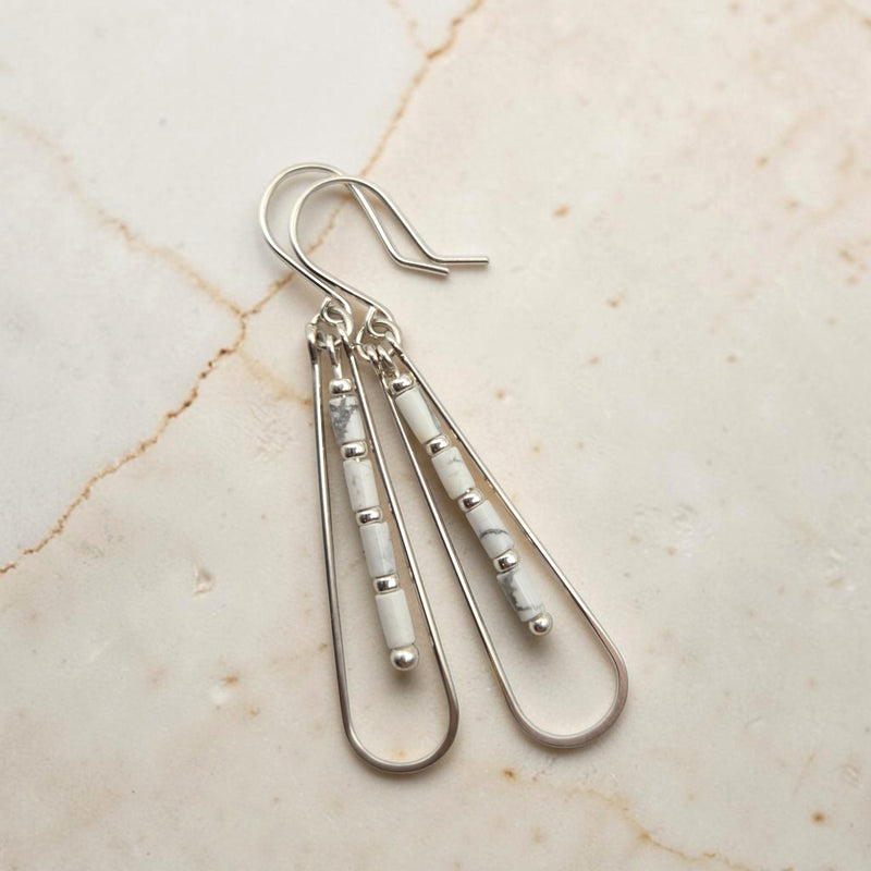 Bijou by SAM First Snow teardrop hoop earrings featuring white Howlite tube beads in Argentium Sterling Silver.