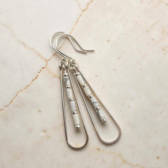 Bijou by SAM First Snow teardrop hoop earrings featuring white Howlite tube beads in Argentium Sterling Silver.
