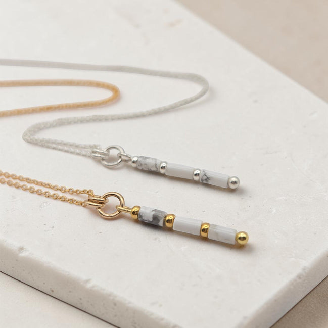 Bijou by SAM First Snow necklaces featuring natural white howlite tube beads on gold fill and sterling silver chains.
