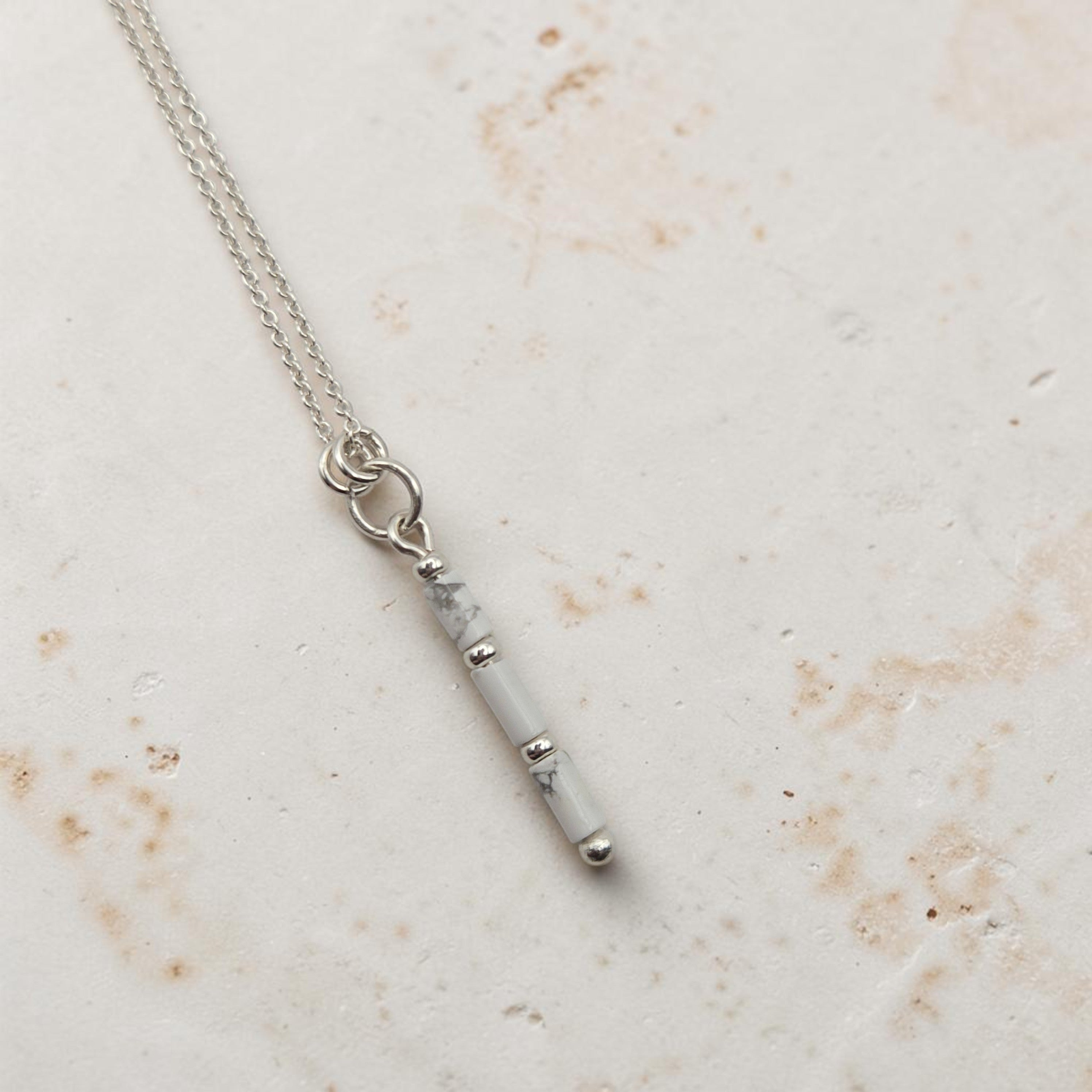 Bijou by SAM First Snow necklace featuring a natural white howlite tube bead on a delicate sterling silver chain.