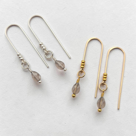 Bijou by SAM handcrafted teardrop Ice Obsidian threader earrings in sterling silver and 14k gold fill on white.