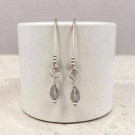Bijou by SAM teardrop threader earrings featuring faceted Ice Obsidian gemstones on polished sterling silver wire.