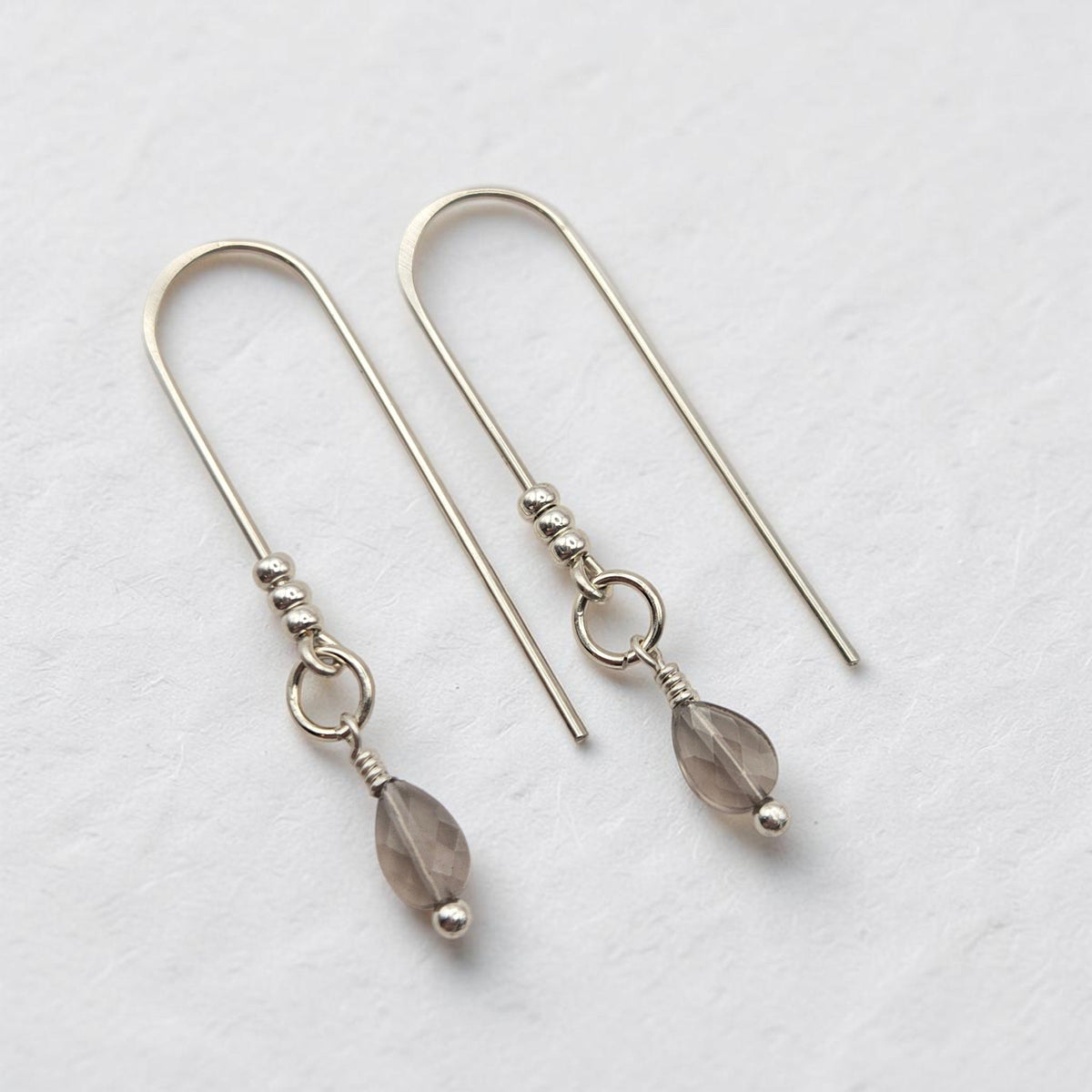 Bijou by SAM teardrop threader earrings featuring genuine Ice Obsidian gemstones on polished silver wire