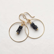 Bijou by SAM handmade gold hoop earrings featuring a delicate stack of deep blue square-cut iolite gemstones.