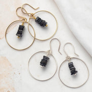 Bijou by SAM handmade hoop earrings featuring square-cut deep blue iolite gemstones in gold fill and sterling silver.