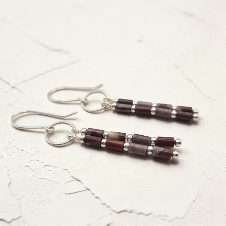 Bijou by SAM Painted Bluff dangle earrings featuring natural red rainbow jasper tube beads and sterling silver accents.