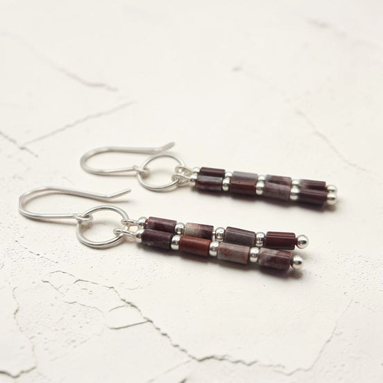 Bijou by SAM Painted Bluff dangle earrings featuring natural red rainbow jasper tube beads and sterling silver accents.