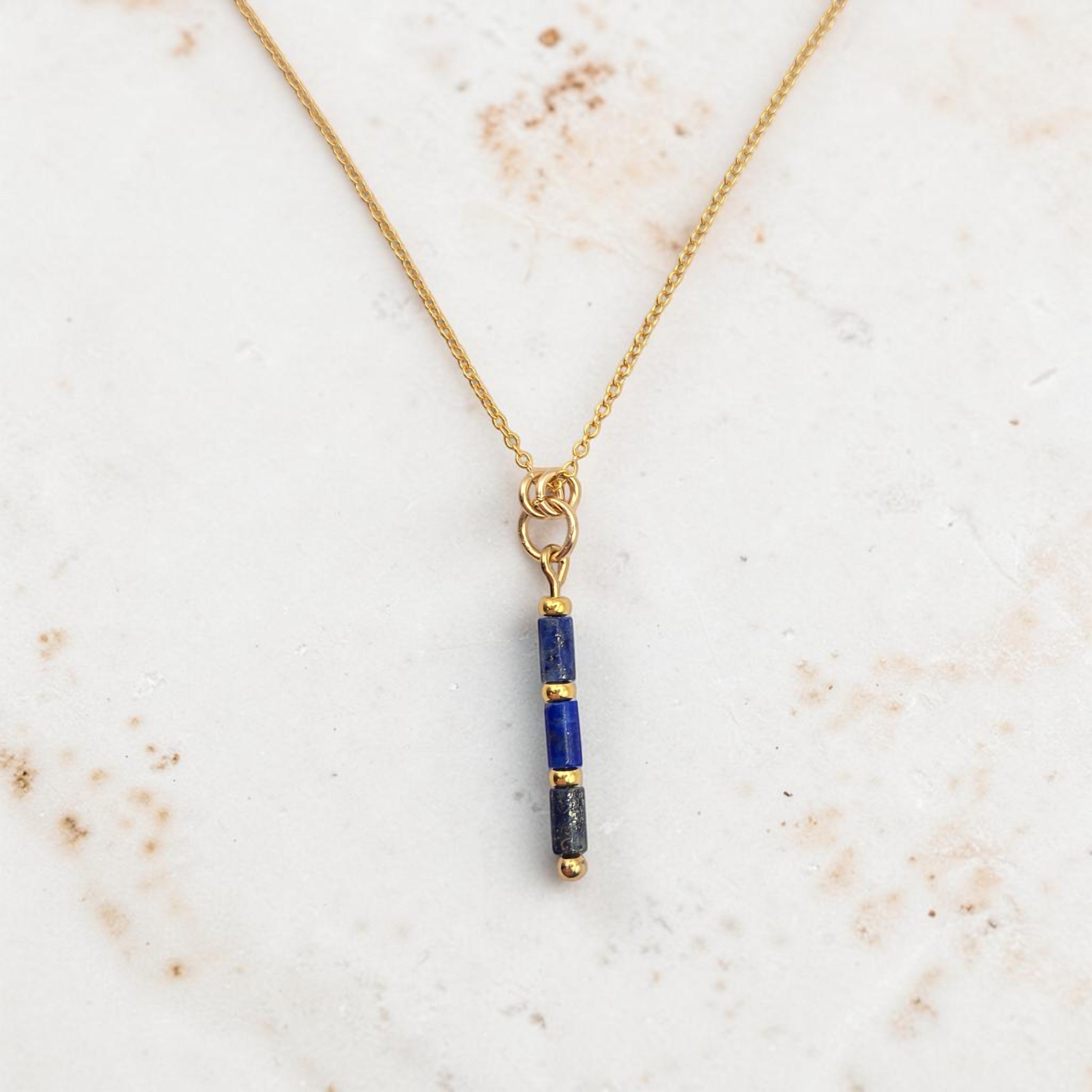 Bijou by SAM Midnight Sky necklace featuring natural blue lapis lazuli tube beads on a delicate 14k gold fill chain.