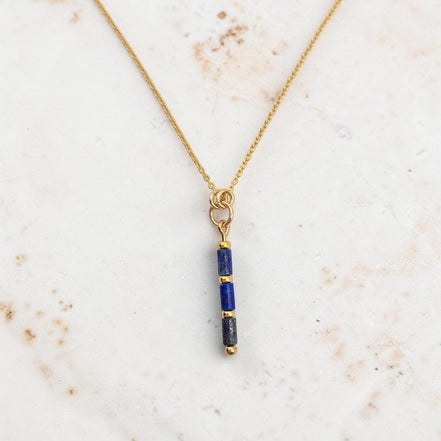 Bijou by SAM Midnight Sky necklace featuring natural blue lapis lazuli tube beads on a delicate 14k gold fill chain.