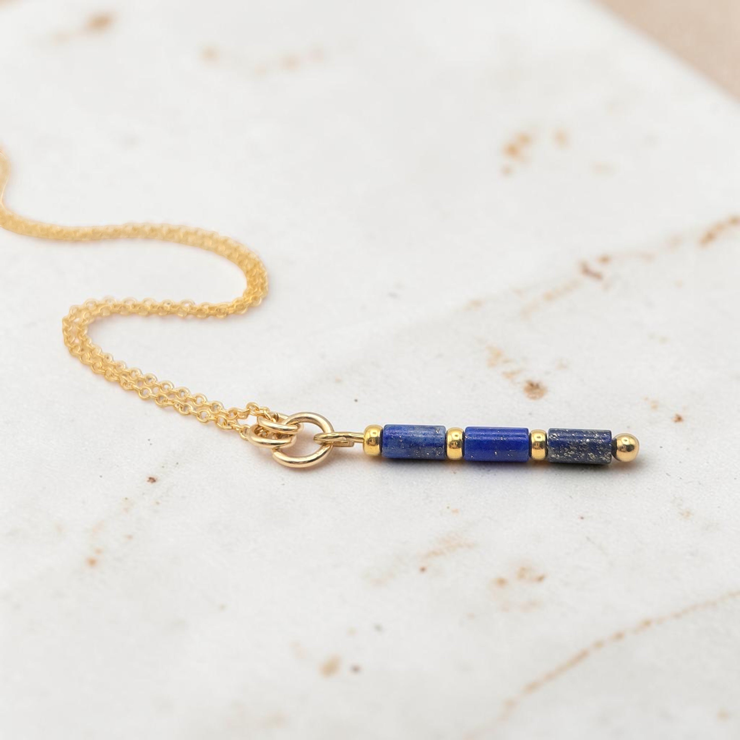 Bijou by SAM Midnight Sky necklace featuring natural blue Lapis Lazuli tube beads on a 14k gold fill chain.