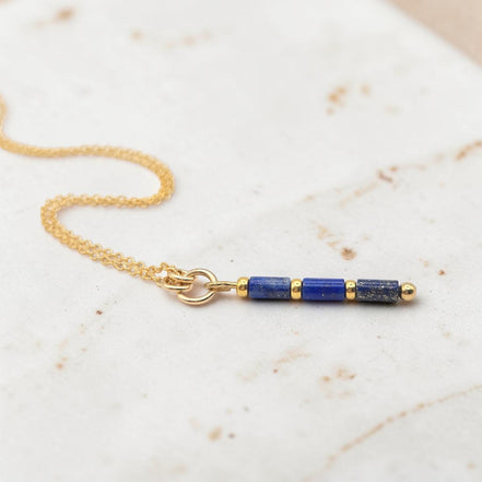 Bijou by SAM Midnight Sky necklace featuring natural blue Lapis Lazuli tube beads on a 14k gold fill chain.