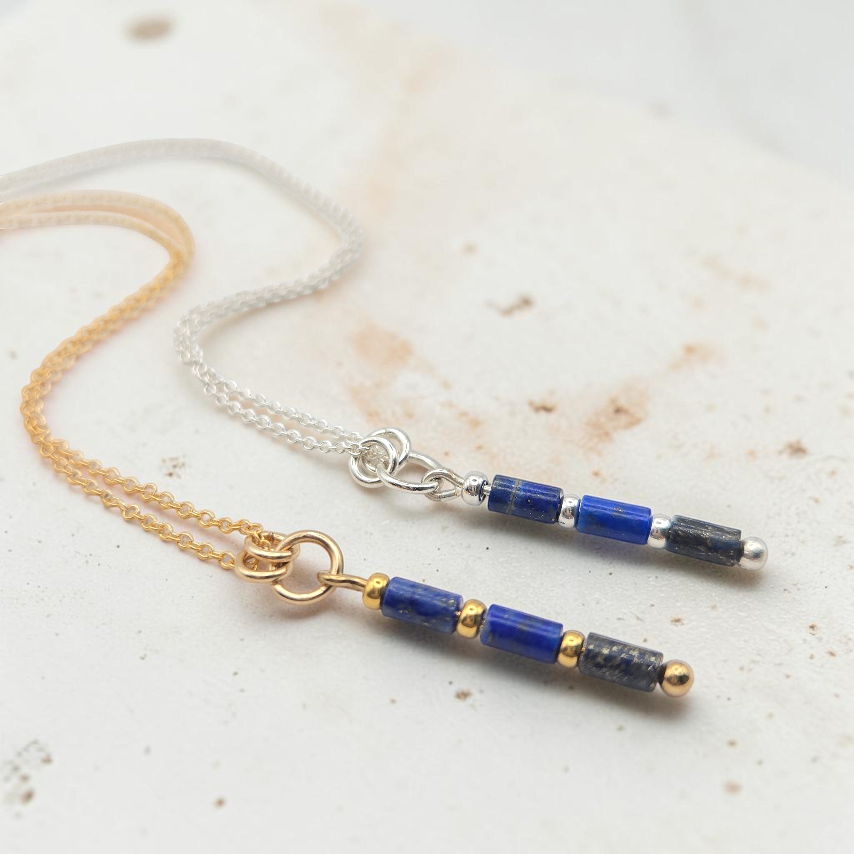 Bijou by SAM Midnight Sky necklaces with blue Lapis Lazuli tube beads on 14k gold fill and sterling silver chains.