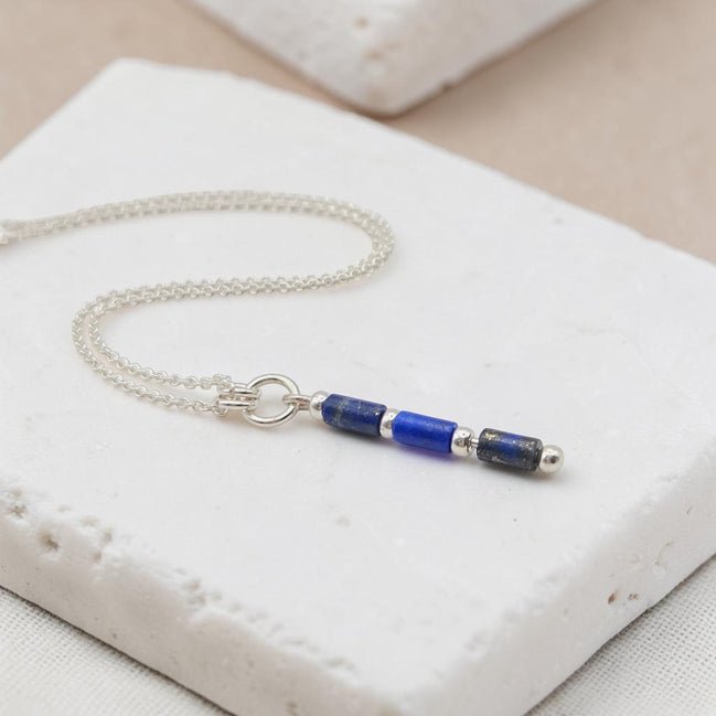 Bijou by SAM Midnight Sky necklace featuring natural lapis lazuli tube beads on a delicate sterling silver chain.