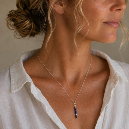Bijou by SAM Midnight Sky necklace featuring natural blue lapis lazuli tube beads on a delicate sterling silver chain