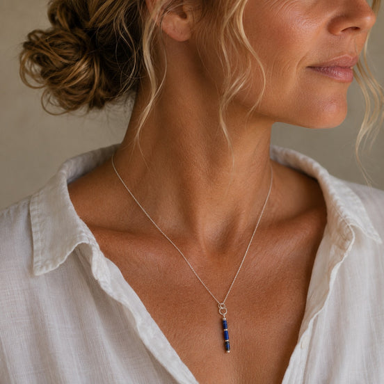 Bijou by SAM Midnight Sky necklace featuring natural blue lapis lazuli tube beads on a delicate sterling silver chain