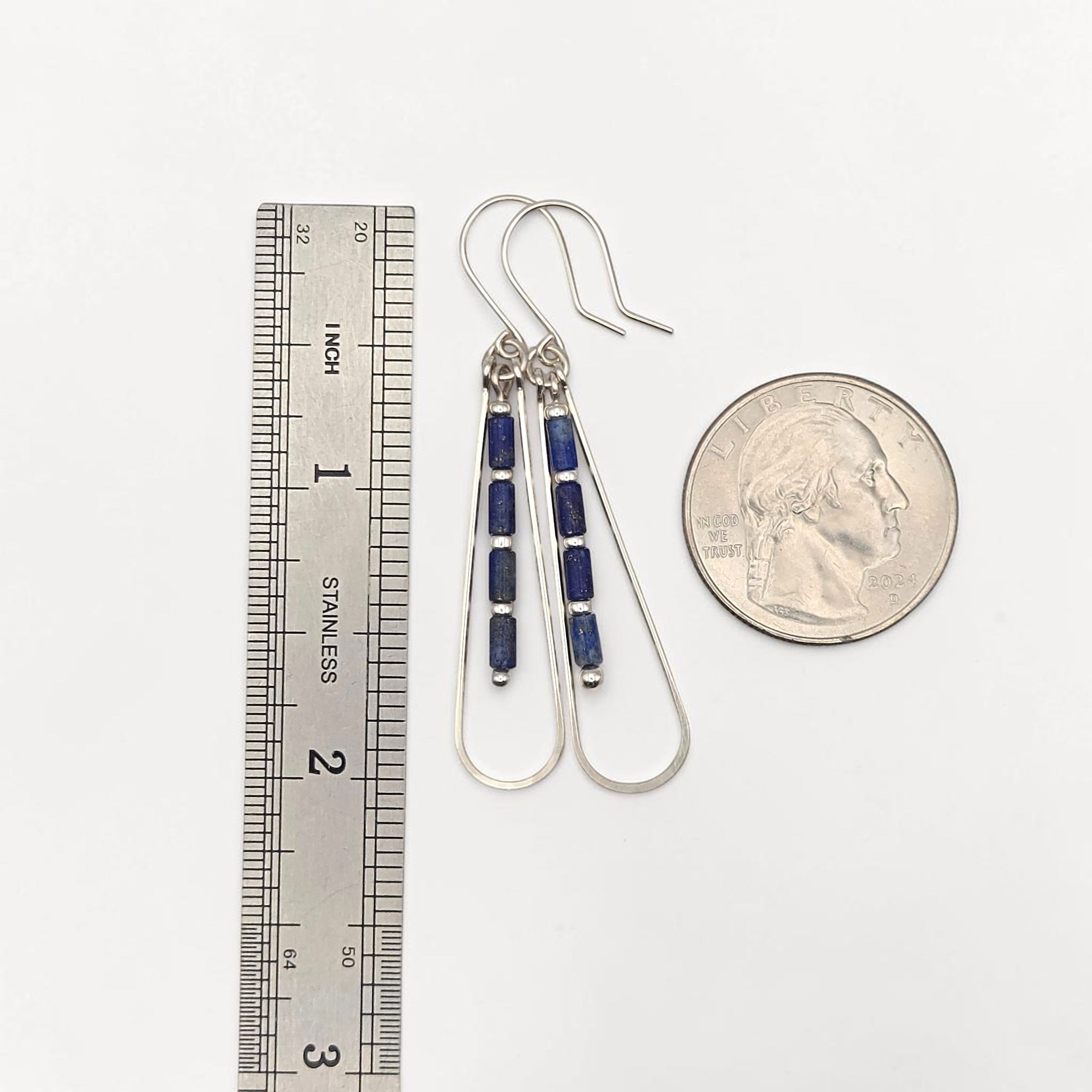 Bijou by SAM Midnight Sky teardrop earrings with blue Lapis Lazuli tube beads and sterling silver hoops.