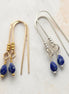 Bijou by SAM handcrafted teardrop threader earrings featuring genuine blue Lapis Lazuli in gold fill and silver.