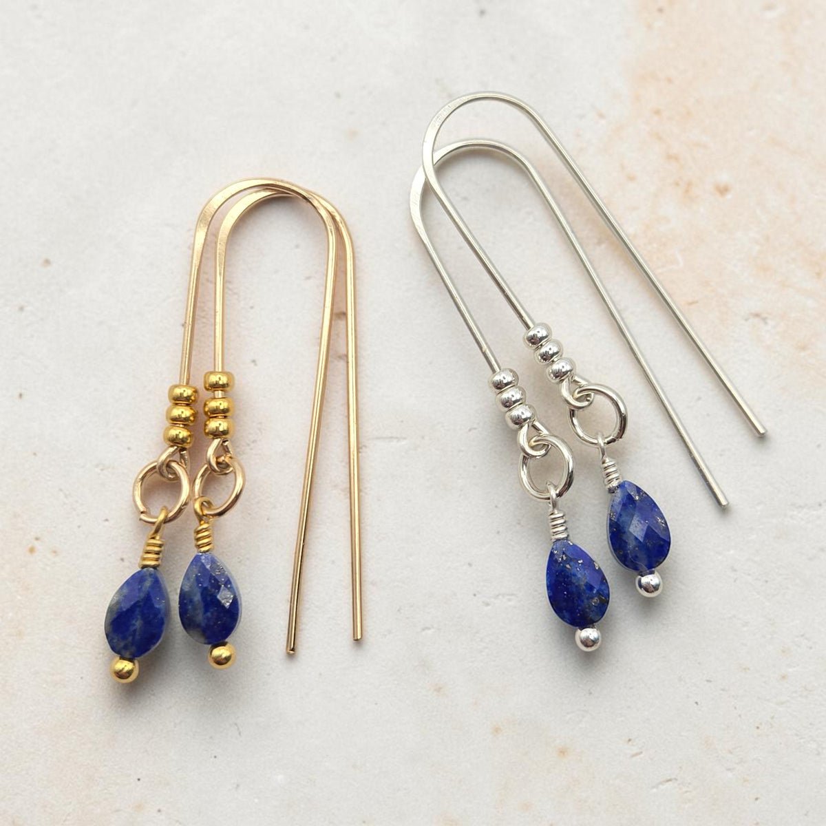 Bijou by SAM handcrafted teardrop threader earrings featuring genuine blue Lapis Lazuli in gold fill and silver.