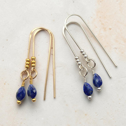Bijou by SAM handcrafted teardrop threader earrings featuring genuine blue Lapis Lazuli in gold fill and silver.