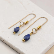 Bijou by SAM handcrafted 14k gold fill threader earrings featuring teardrop-shaped genuine Lapis Lazuli gemstones.