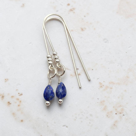 Bijou by SAM handcrafted sterling silver threader earrings featuring faceted teardrop Lapis Lazuli gemstones.