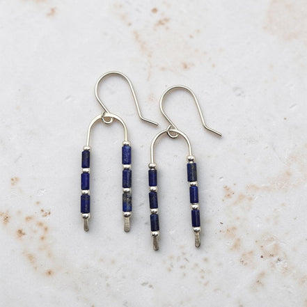 Bijou by SAM handcrafted wishbone earrings featuring blue lapis lazuli tube stones on sterling silver wire
