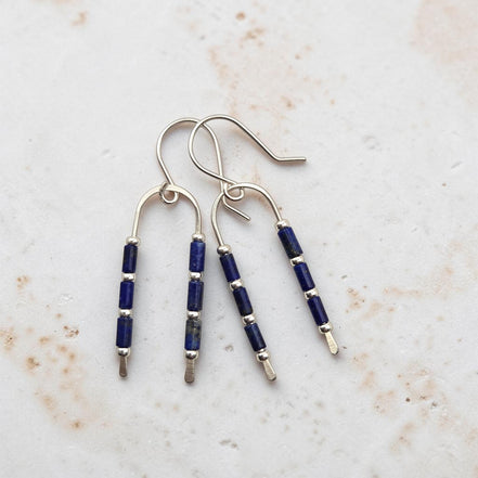 Bijou by SAM handcrafted wishbone earrings featuring blue lapis lazuli tube stones on sterling silver wire