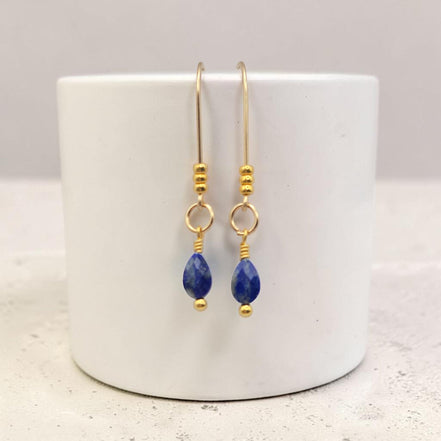 Bijou by SAM teardrop threader earrings featuring genuine blue Lapis Lazuli gemstones on polished 14k gold fill wire.