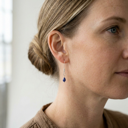 Bijou by SAM handmade sterling silver threader earrings featuring a delicate teardrop Lapis Lazuli gemstone