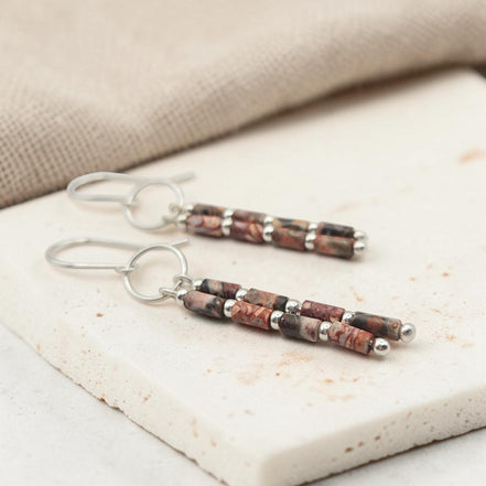 Bijou by SAM Wild Mesa dangle earrings featuring natural Leopard Skin Jasper tube beads and Argentium Sterling Silver.