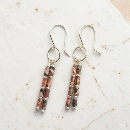 Bijou by SAM Wild Mesa dangle earrings featuring natural Leopard Skin Jasper tube beads on handmade sterling silver hoops.