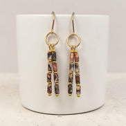 Bijou by SAM Wild Mesa dangle earrings featuring natural Leopard Skin Jasper tube beads and 14k gold fill hoops.