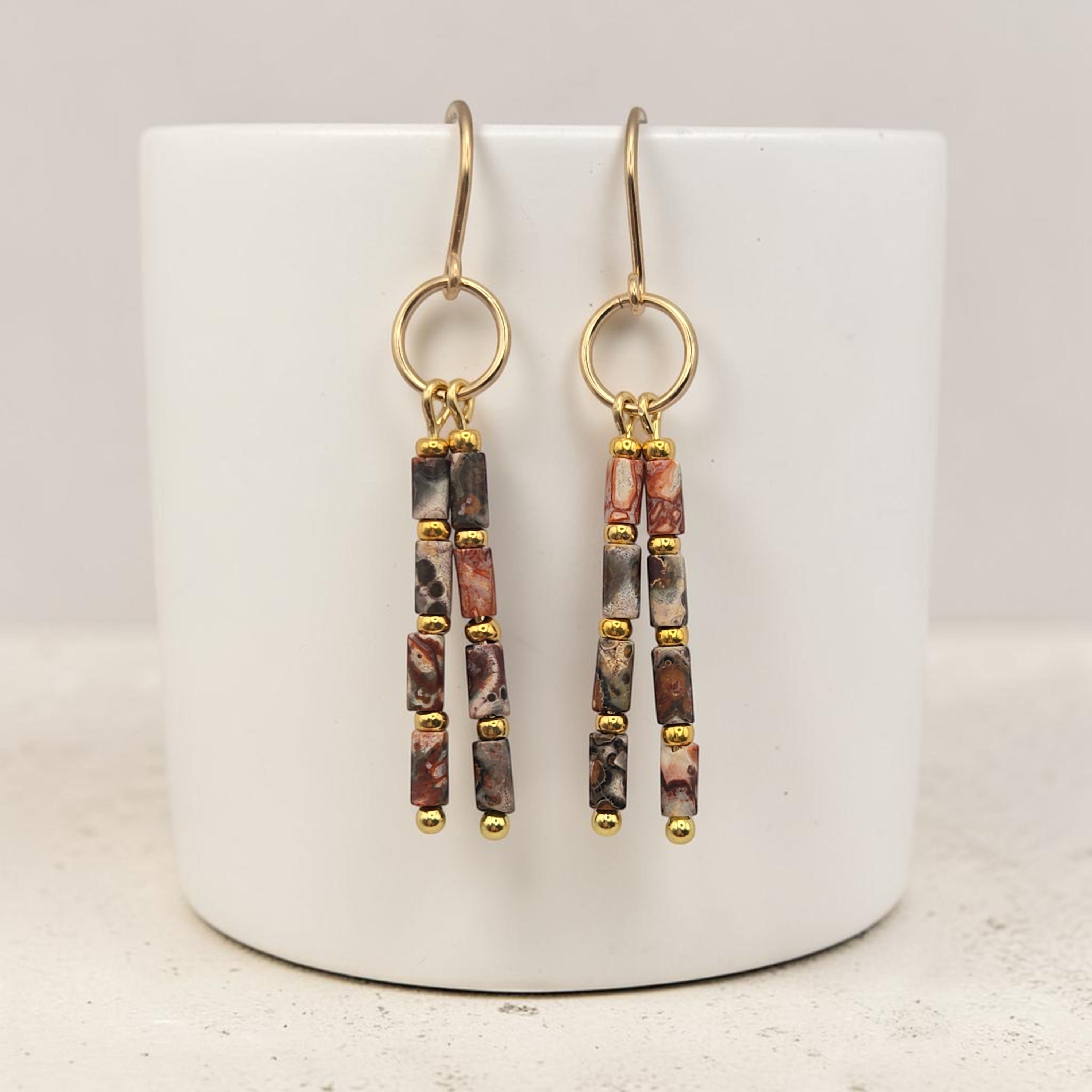 Bijou by SAM Wild Mesa dangle earrings featuring natural Leopard Skin Jasper tube beads and 14k gold fill hoops.