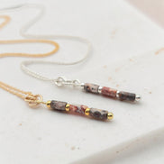 Bijou by SAM Wild Mesa necklaces featuring natural leopard skin jasper tube beads in 14k gold fill and sterling silver.